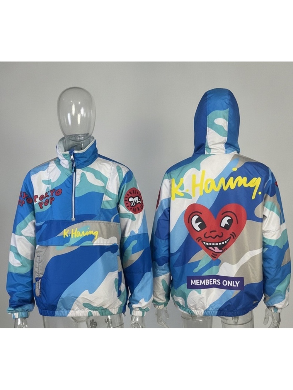 Members Only K. Haring Tokyo Pop Blue Camouflage Windbreaker Jacket-szS